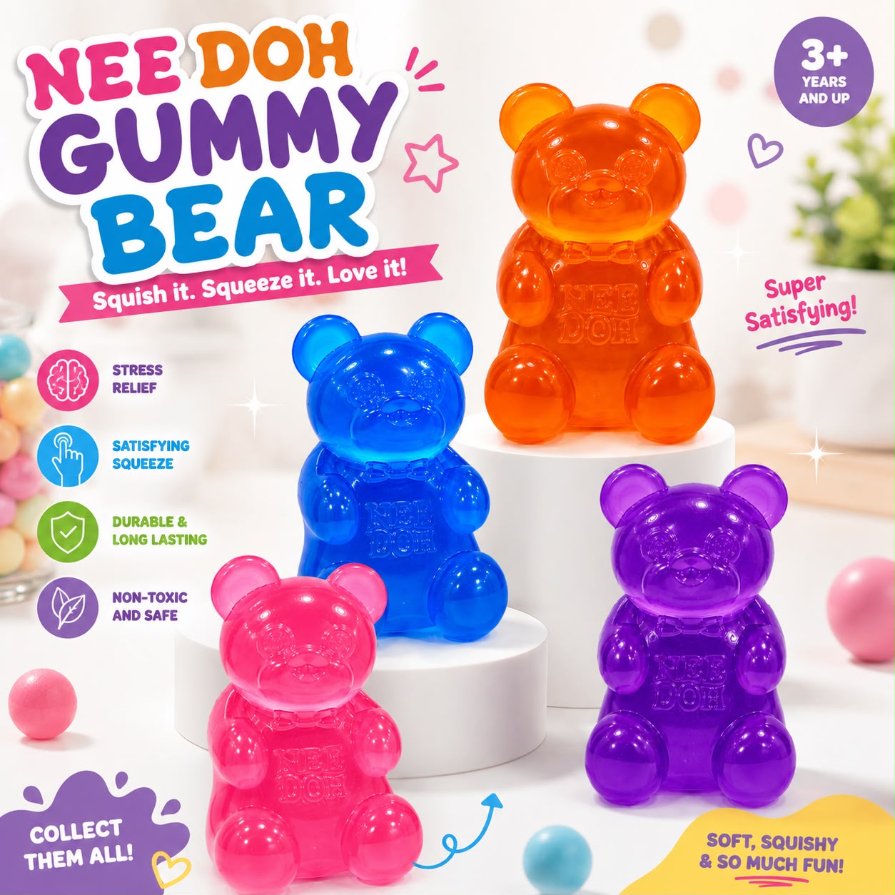 🧸 NeeDoh Gummy Bear Squishy – Soft Sensory Stress Relief Fidget Toy