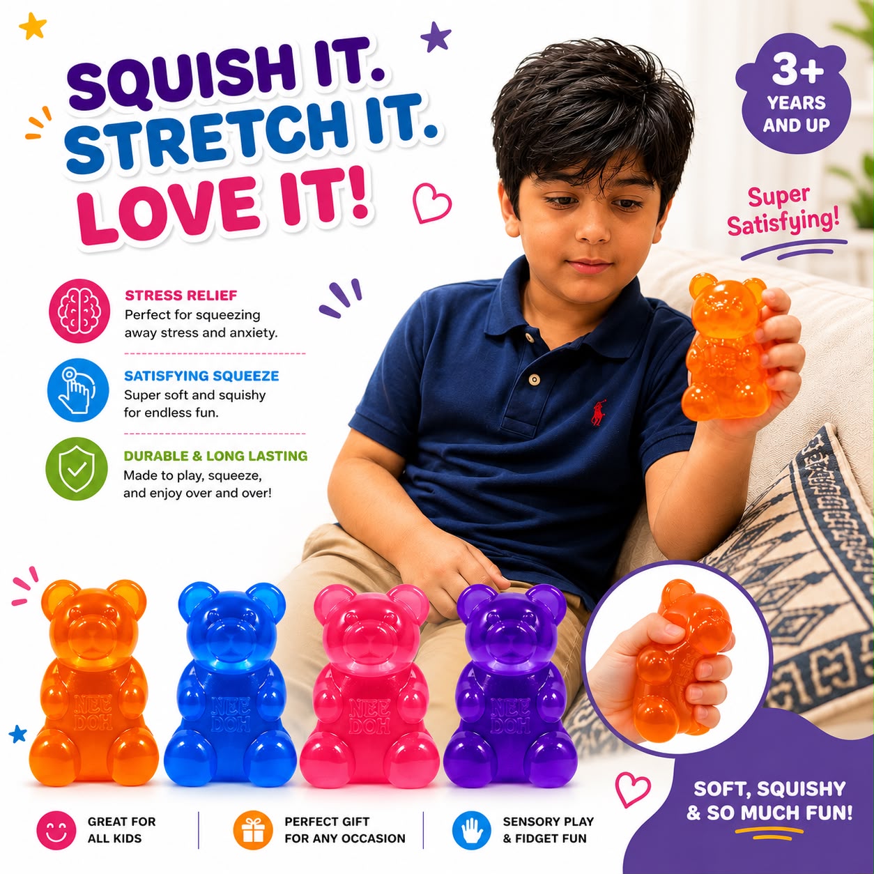 🧸 NeeDoh Gummy Bear Squishy – Soft Sensory Stress Relief Fidget Toy