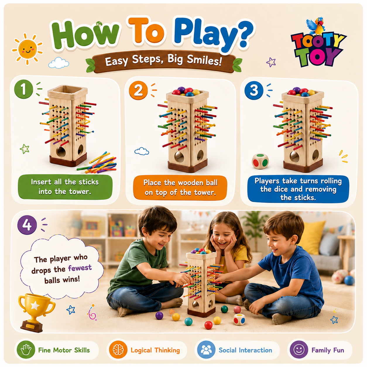 Wooden Stick Pulling Game for Toddlers – Montessori Fine Motor Skills Educational Toy with Color Matching & Dice Game