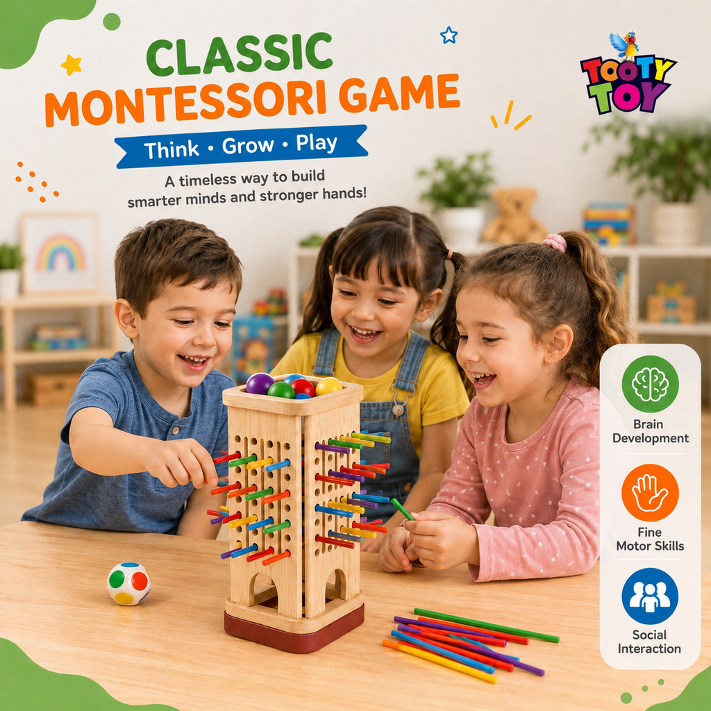 Wooden Stick Pulling Game for Toddlers – Montessori Fine Motor Skills Educational Toy with Color Matching & Dice Game