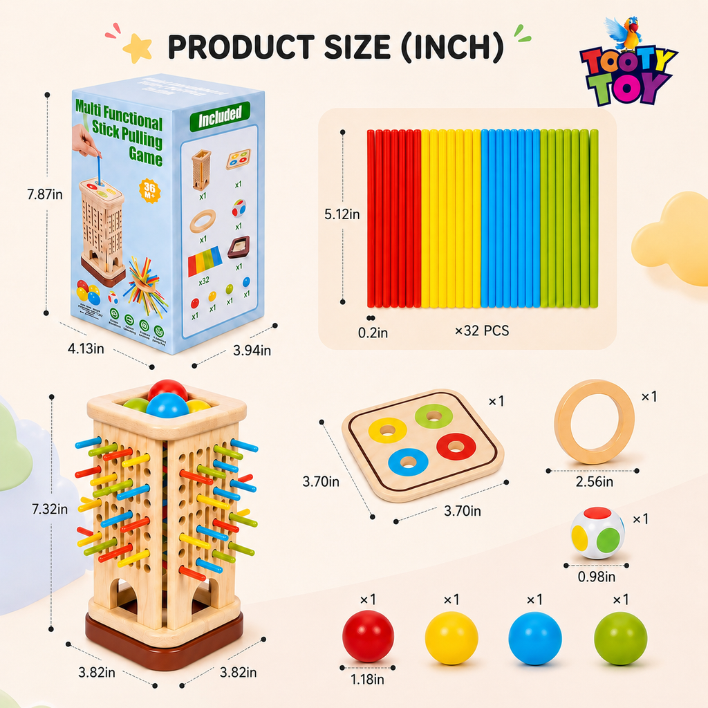 Wooden Stick Pulling Game for Toddlers – Montessori Fine Motor Skills Educational Toy with Color Matching & Dice Game