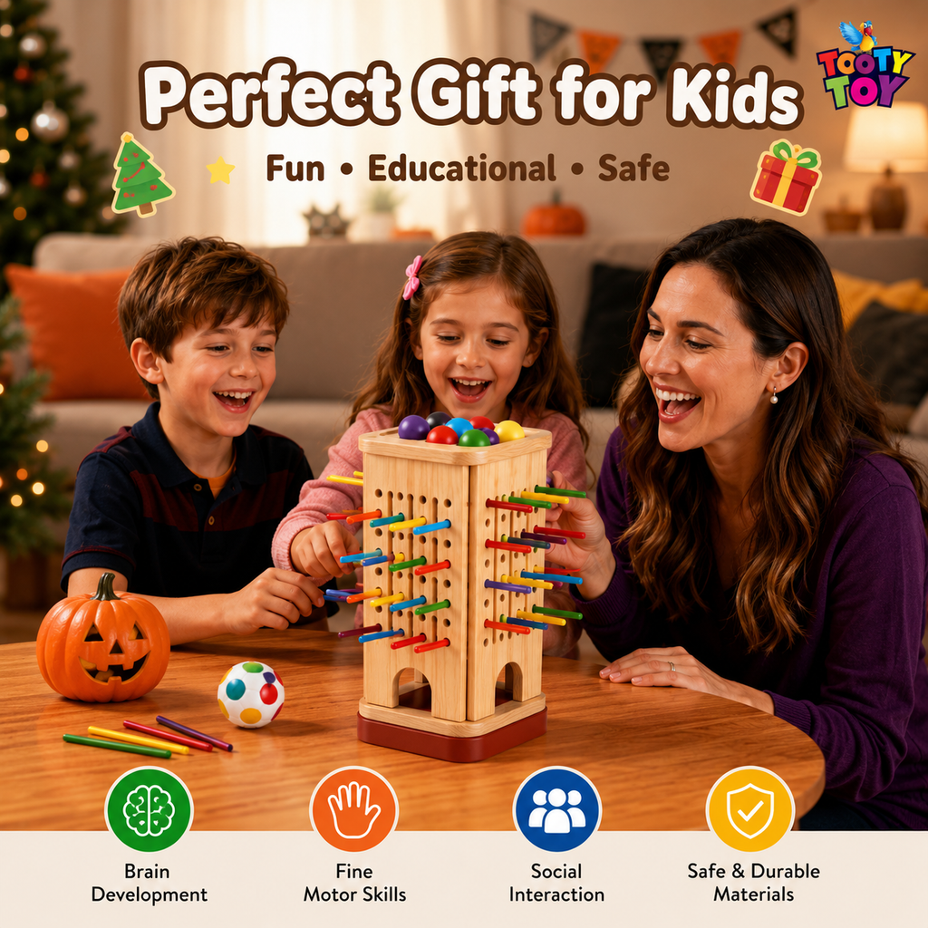 Wooden Stick Pulling Game for Toddlers – Montessori Fine Motor Skills Educational Toy with Color Matching & Dice Game