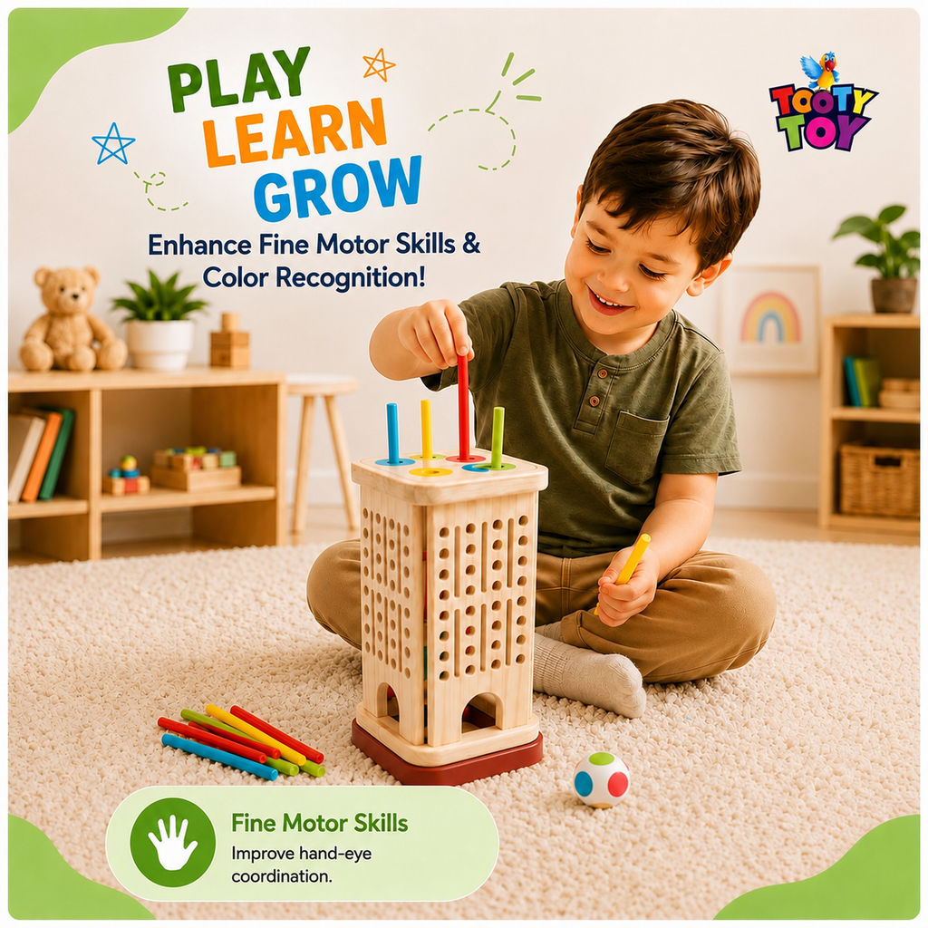 Wooden Stick Pulling Game for Toddlers – Montessori Fine Motor Skills Educational Toy with Color Matching & Dice Game