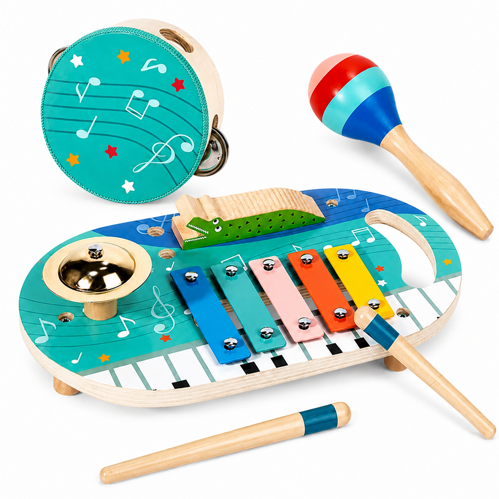 5 in 1 Wooden Musical Toys for Toddlers, Montessori Music Activity Board, Educational Baby Instruments Gift for Boys & Girls