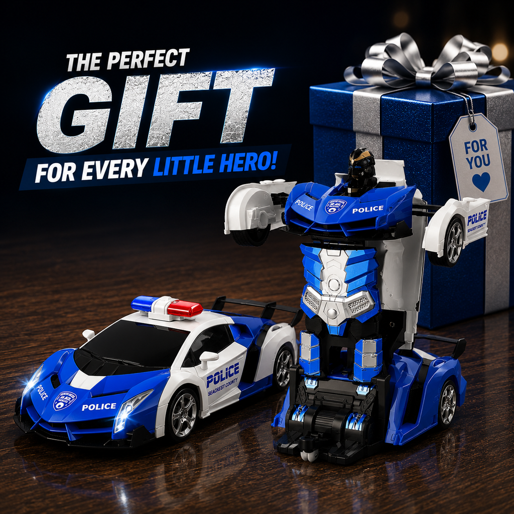 2.4GHz Remote Control Transforming Police Car Robot Toy with Lights, Rechargeable Battery & 360° Rotation