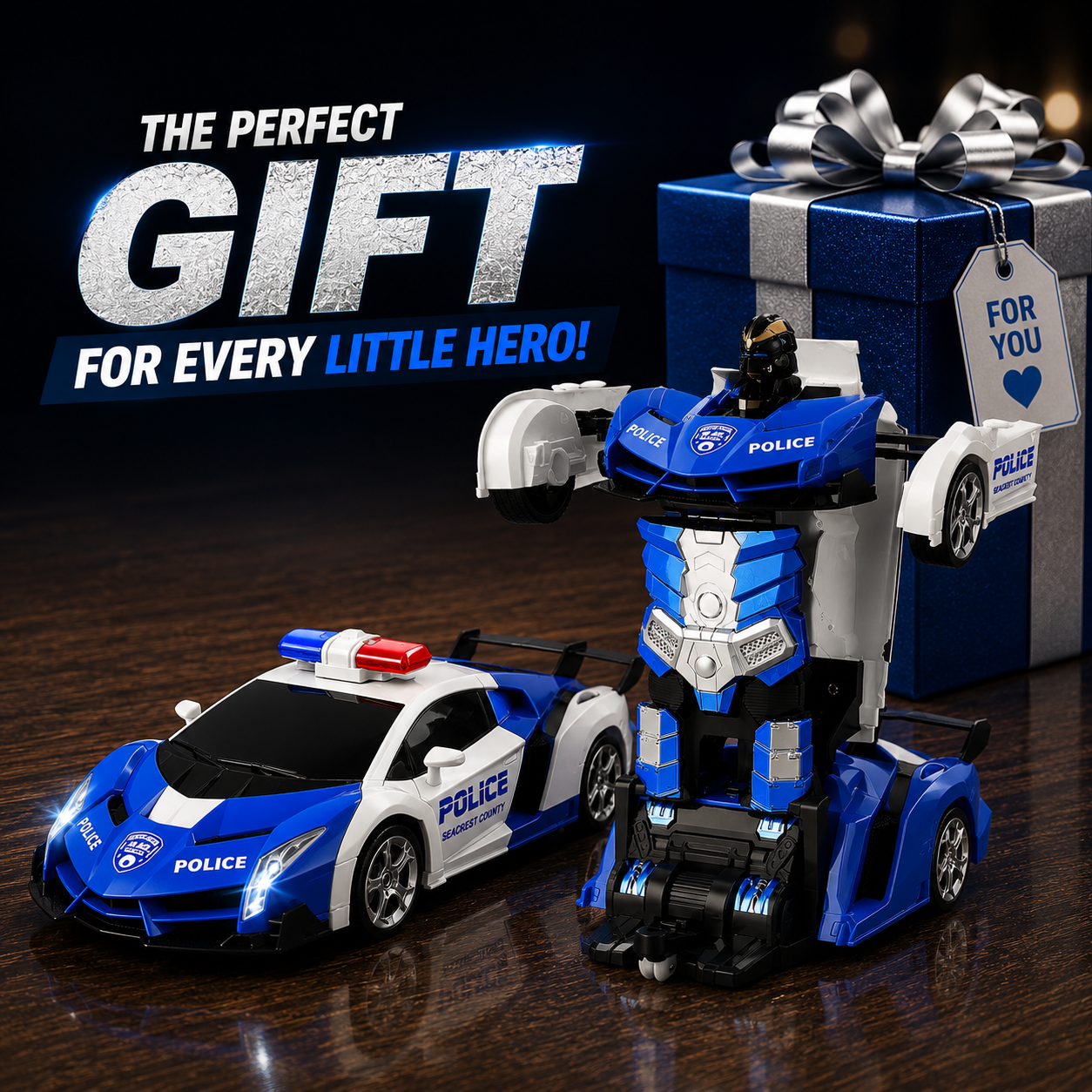 2.4GHz Remote Control Transforming Police Car Robot Toy with Lights, Rechargeable Battery & 360° Rotation