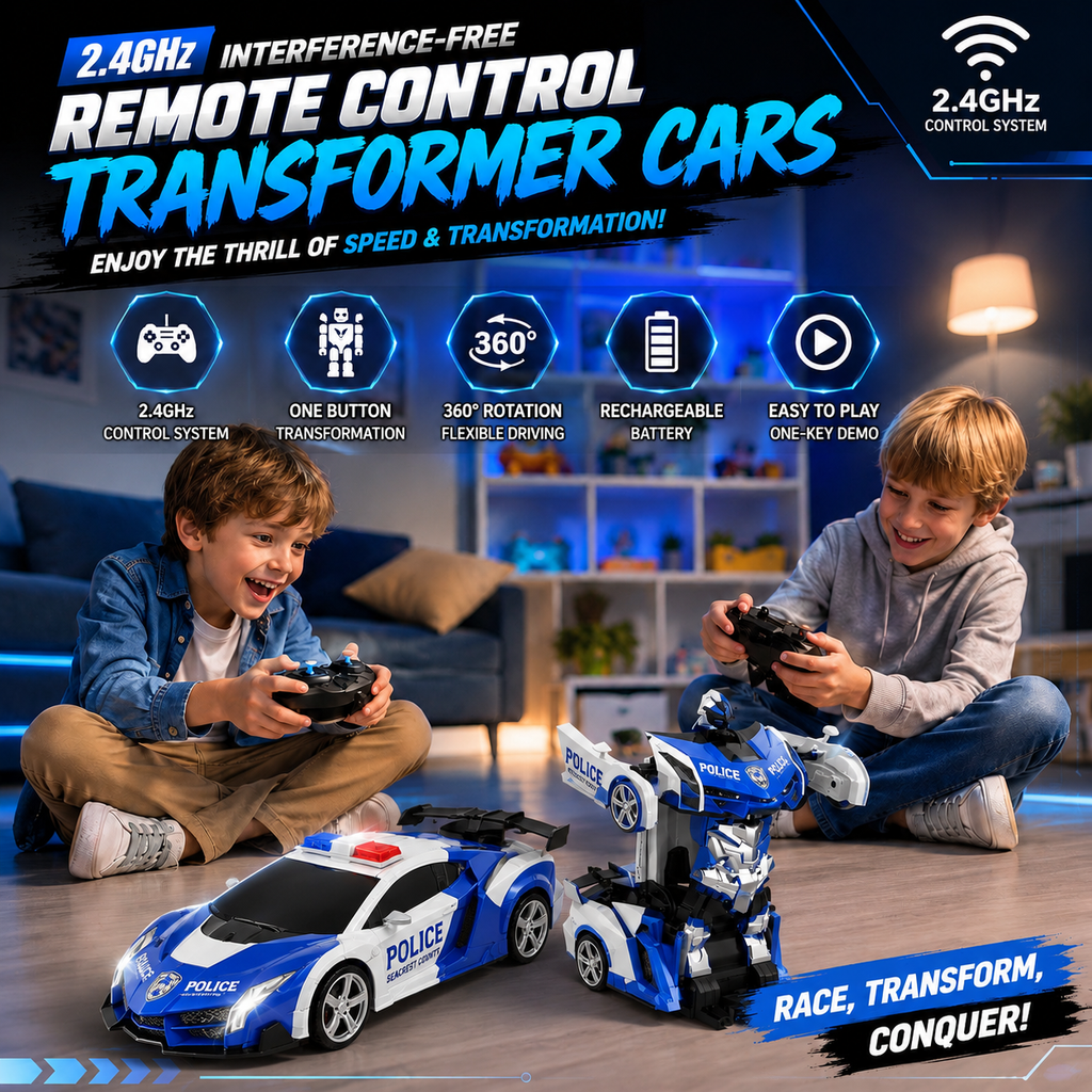 2.4GHz Remote Control Transforming Police Car Robot Toy with Lights, Rechargeable Battery & 360° Rotation