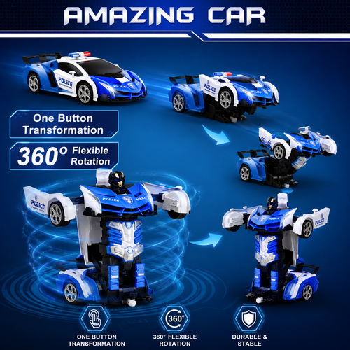 2.4GHz Remote Control Transforming Police Car Robot Toy with Lights, Rechargeable Battery & 360° Rotation