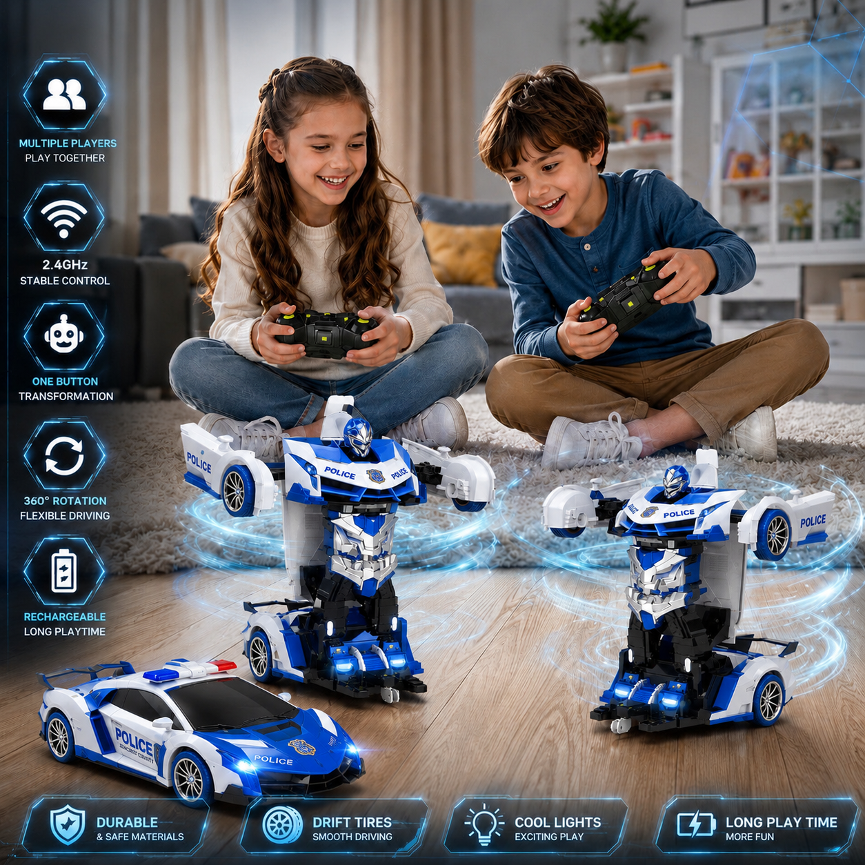 2.4GHz Remote Control Transforming Police Car Robot Toy with Lights, Rechargeable Battery & 360° Rotation