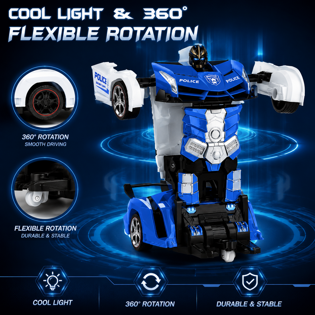 2.4GHz Remote Control Transforming Police Car Robot Toy with Lights, Rechargeable Battery & 360° Rotation