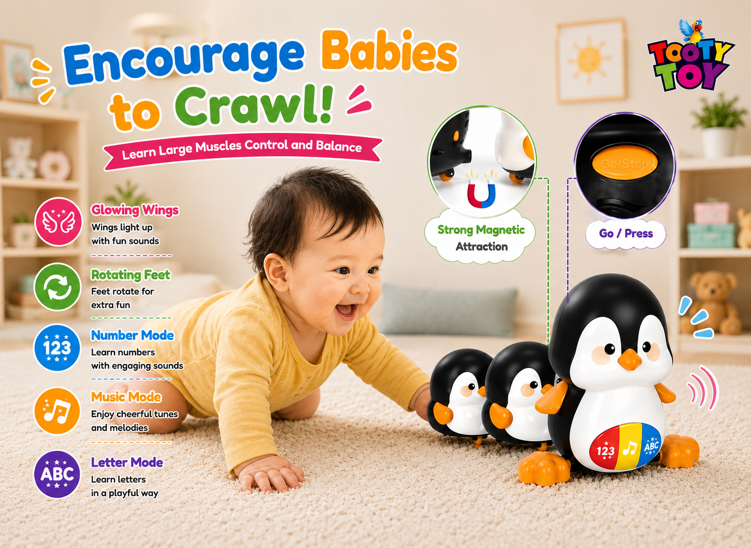 Walking Penguins Musical Baby Toy – Crawling Penguin Learning Toy with Lights & Music for Babies