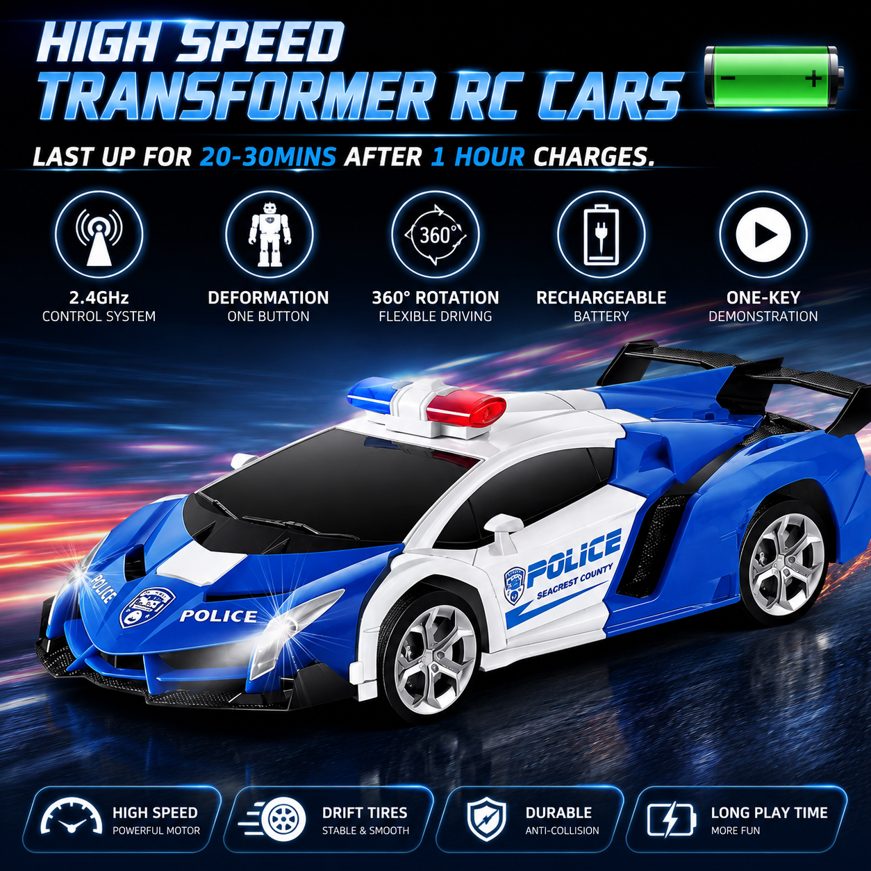 2.4GHz Remote Control Transforming Police Car Robot Toy with Lights, Rechargeable Battery & 360° Rotation
