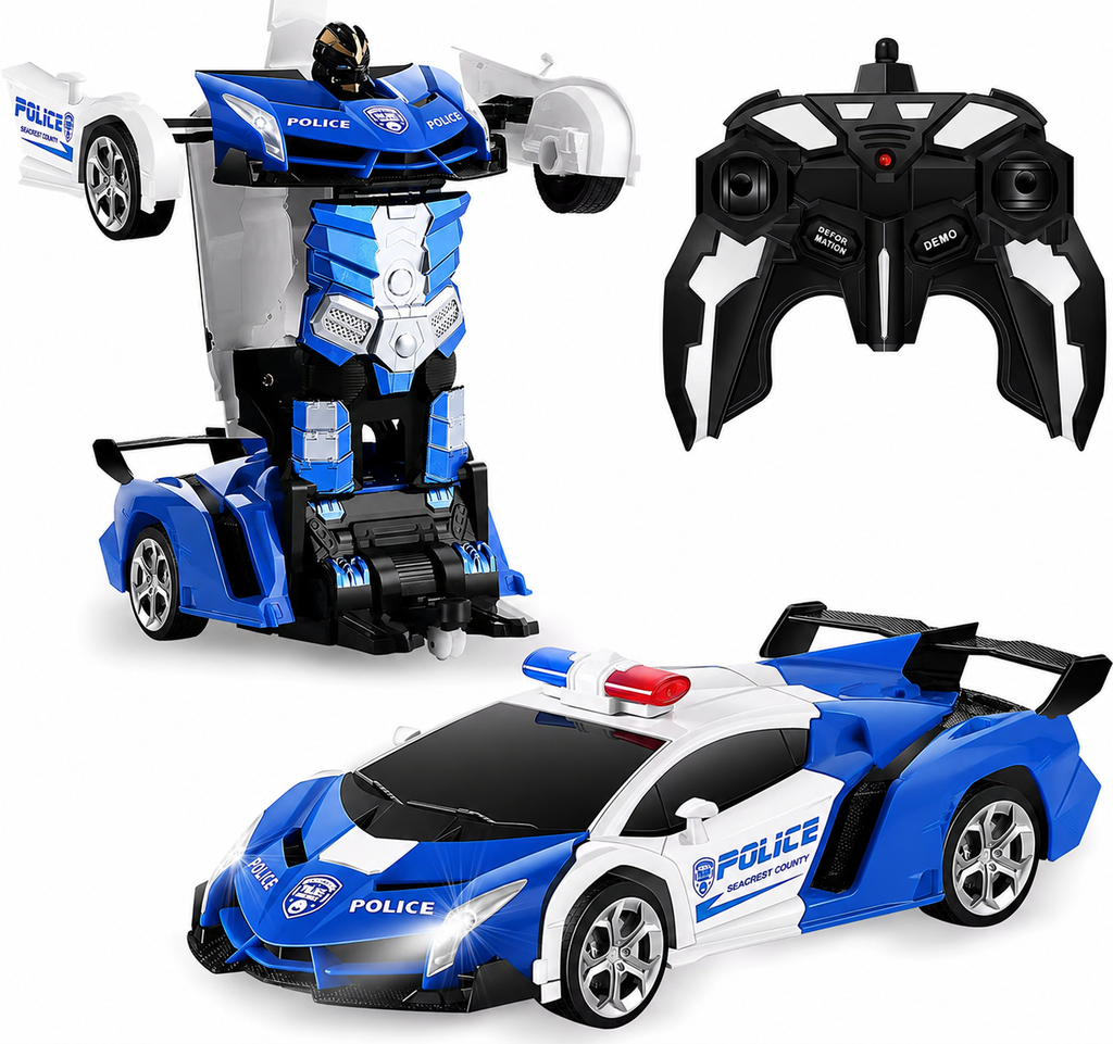 2.4GHz Remote Control Transforming Police Car Robot Toy with Lights, Rechargeable Battery & 360° Rotation