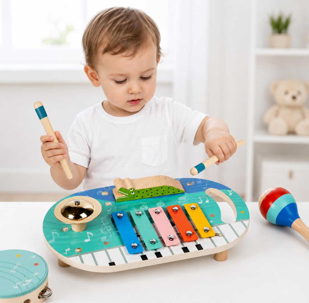 5 in 1 Wooden Musical Toys for Toddlers, Montessori Music Activity Board, Educational Baby Instruments Gift for Boys & Girls