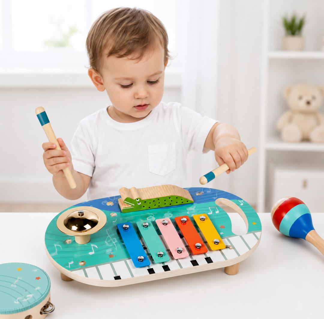 5 in 1 Wooden Musical Toys for Toddlers, Montessori Music Activity Board, Educational Baby Instruments Gift for Boys & Girls